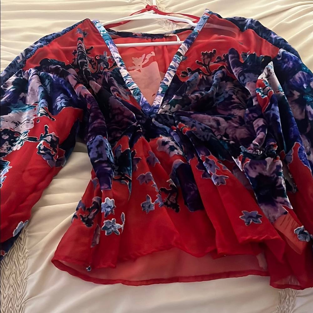 Free People Floral V-Neck Red and Purple Top Bonnie blue with velvet accents
